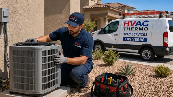HVAC Thermo technician installing a new air conditioning condenser at an Enterprise, NV home