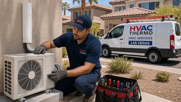 HVAC Thermo technician mounting a ductless mini-split indoor head in a Summerlin, NV home