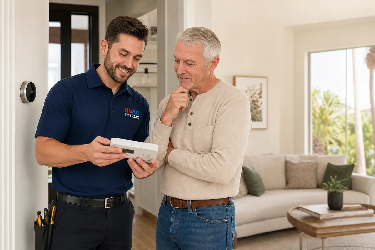 HVAC Thermo technician explaining a home comfort control to a Las Vegas homeowner
