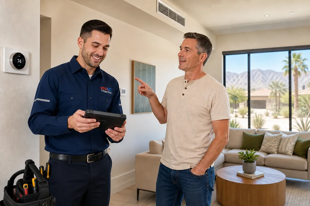HVAC Thermo technician showing a homeowner a smart thermostat reading during an indoor comfort consultation