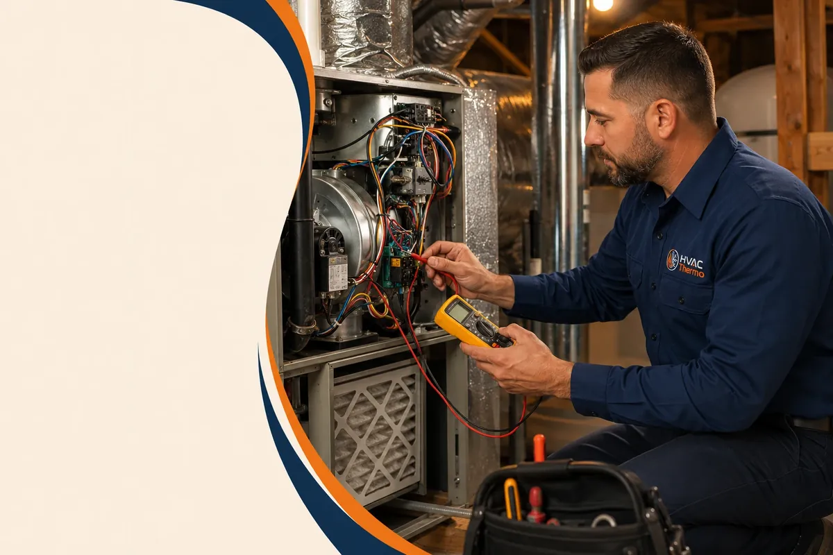 HVAC Thermo technician inspecting heating equipment with a diagnostic meter
