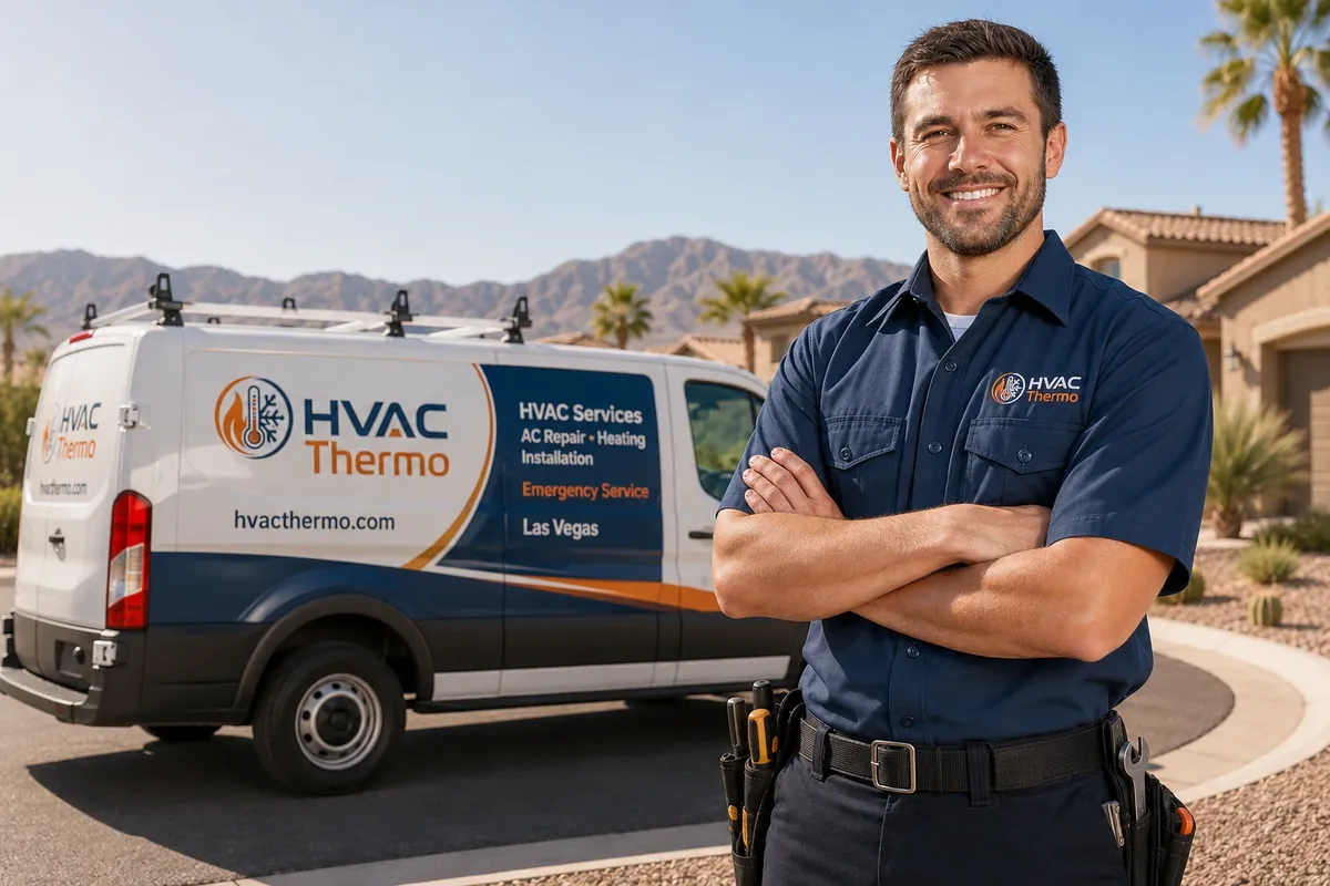 HVAC Thermo technician standing near a branded service van in a Las Vegas neighborhood
