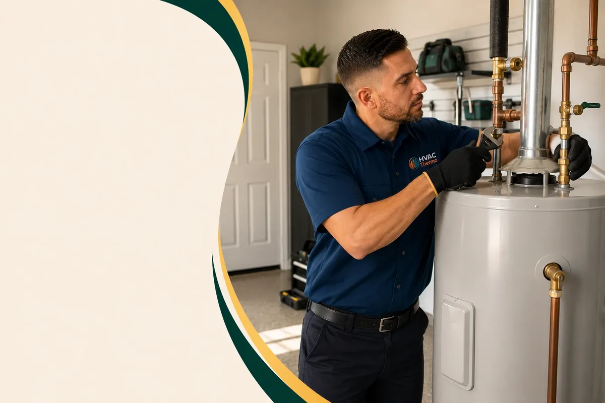HVAC Thermo service technician working on water heater equipment in a clean home utility room